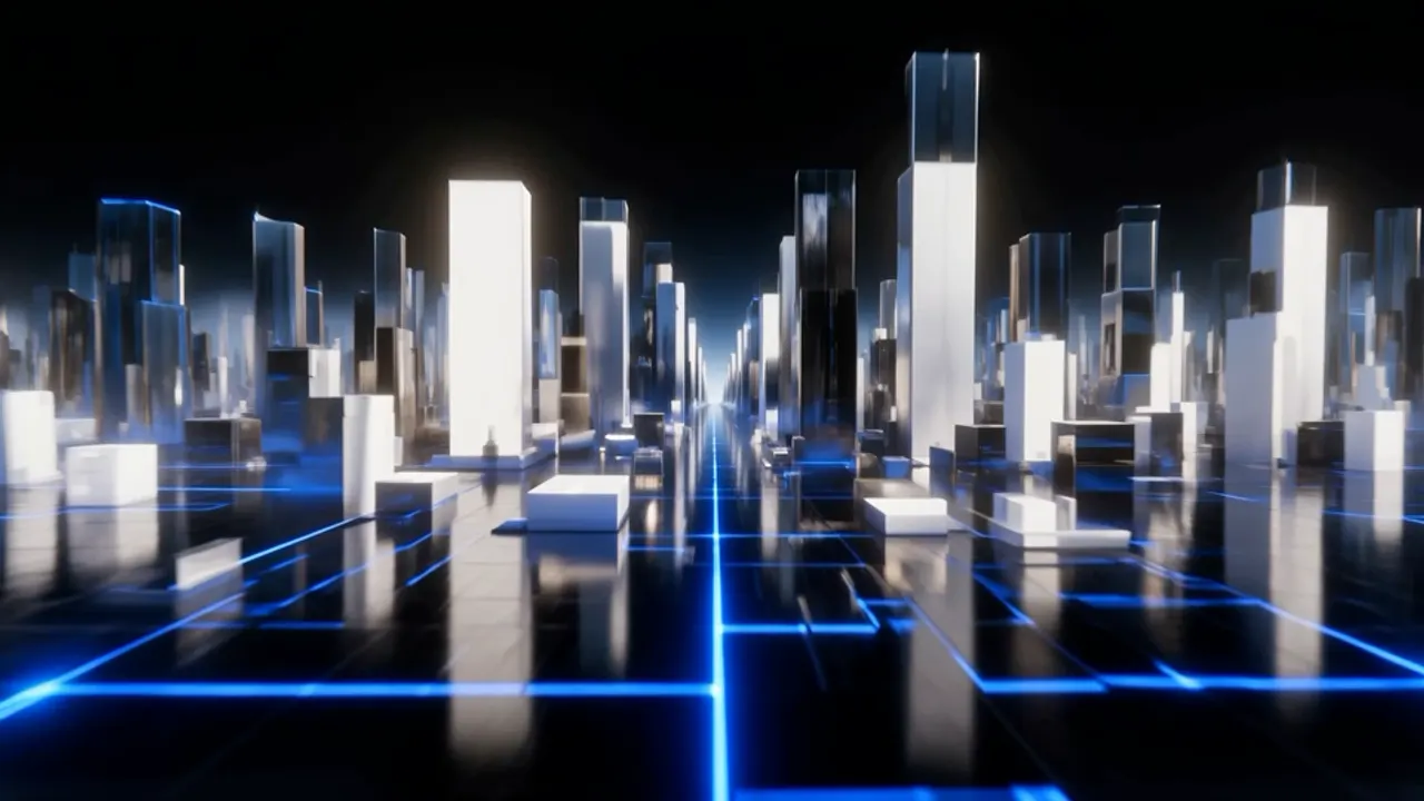 Tall white and chrome blocks rising like a city, lit by electric blue light along the streets