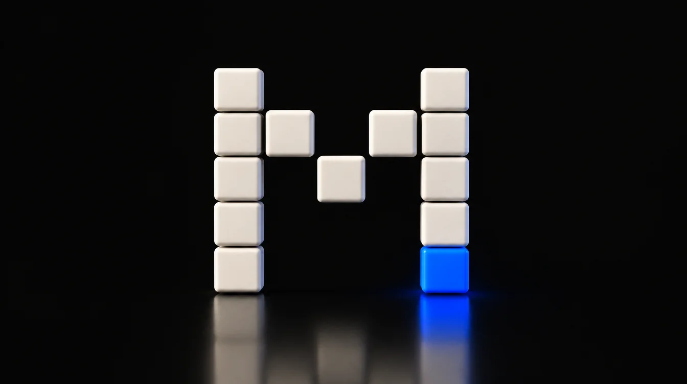 The M built from thirteen warm white ceramic cubes, the bottom right cube glowing blue