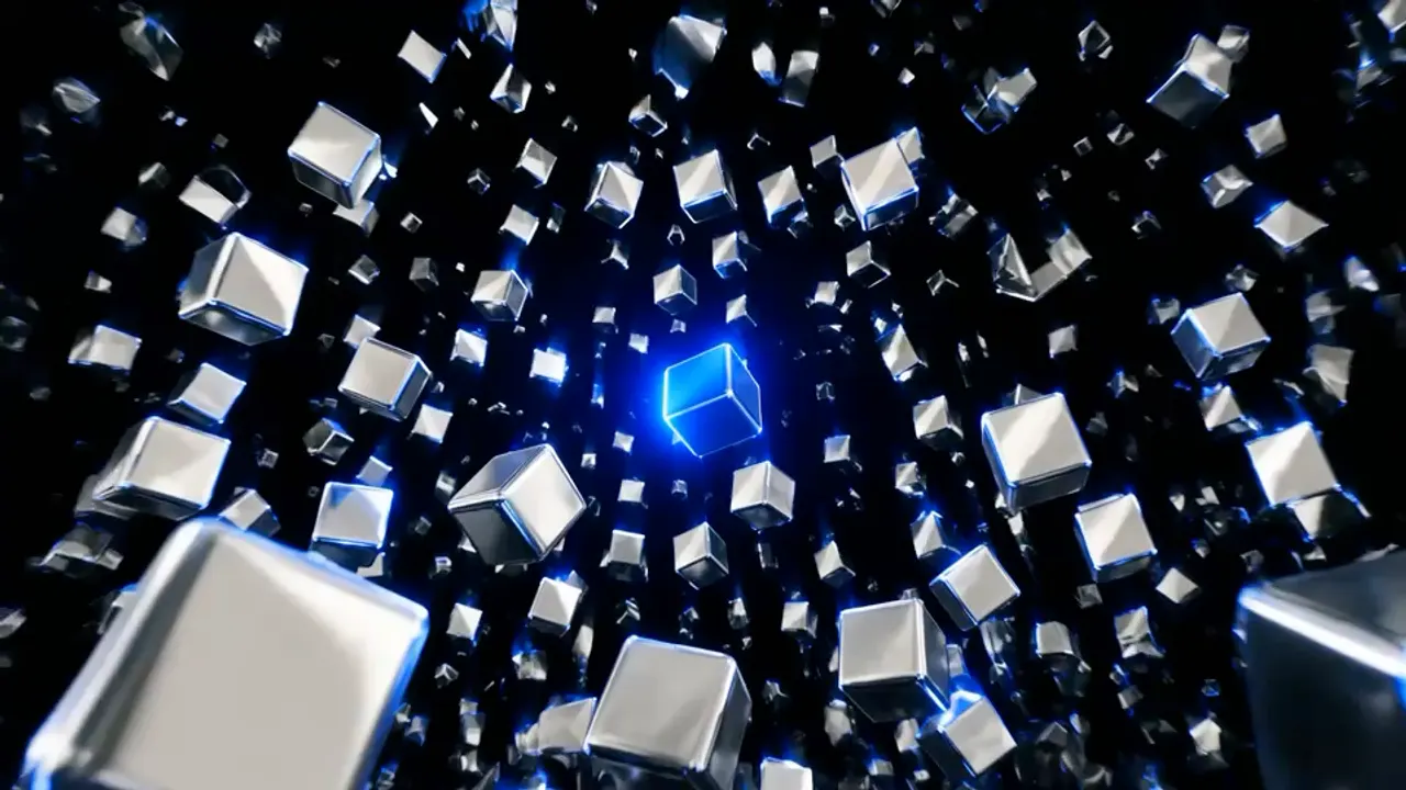 A close view of a chrome cube with an electric blue line along its edge, small cubes floating behind