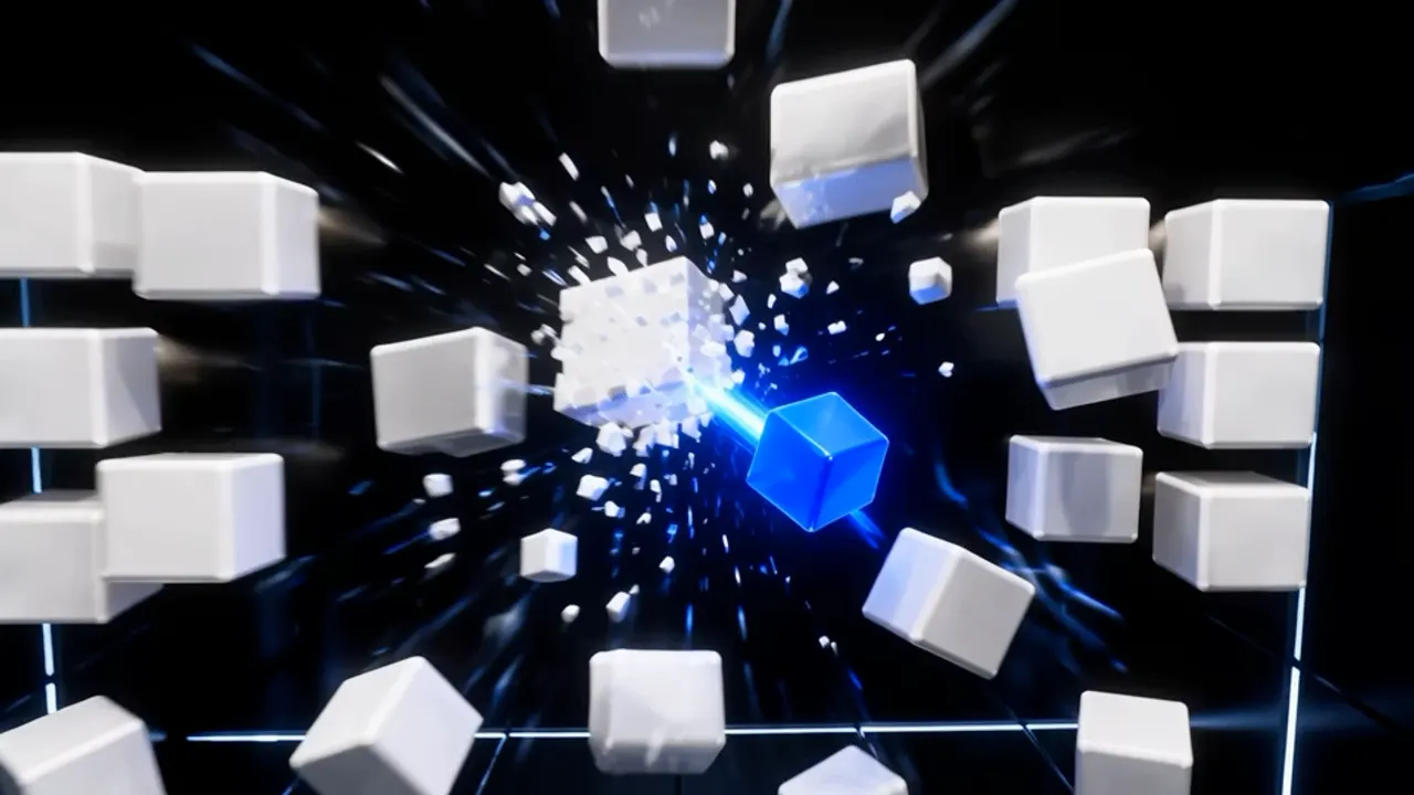 A blue square at the centre of a glowing ring, with light streaking outward