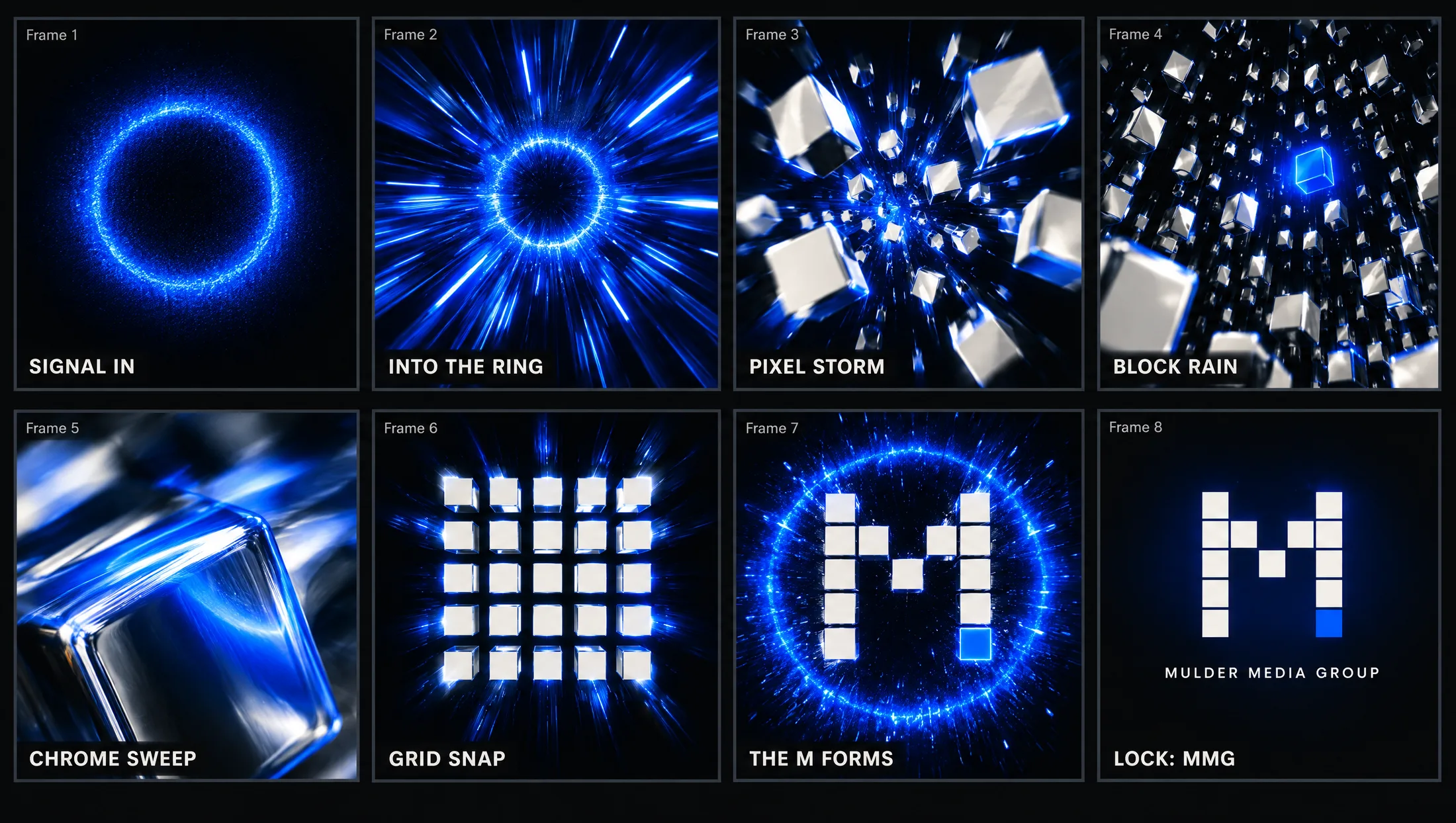 An eight-frame storyboard: a blue ring, light rays, flying chrome cubes, falling blocks, a chrome edge, a five by five grid, the M forming and the final Mulder Media Group lockup