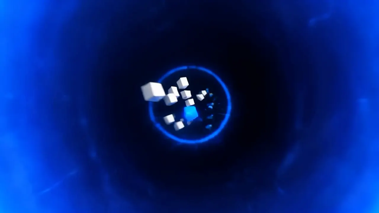 A tunnel of blue light lines with white cubes flying toward one glowing blue block