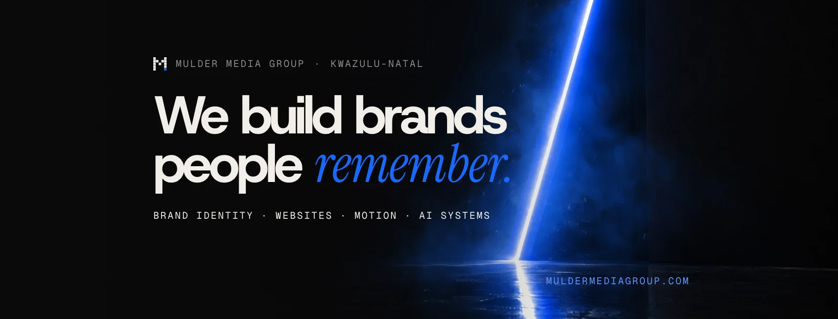 Facebook cover: We build brands people remember, with a blue light blade on the right